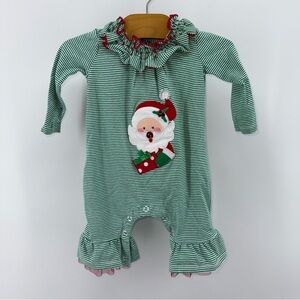 Bonnie Baby Green Striped Santa Baby Romper
